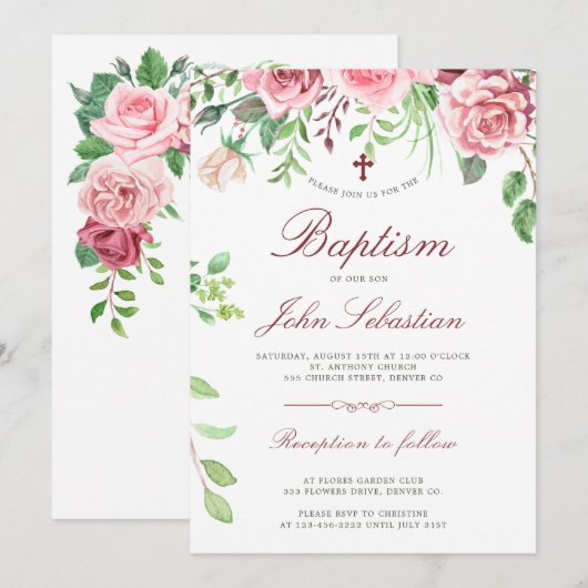 Waterverf Elegante Roze Rozen Tuin Doop Kaart (Voorkant / Achterkant)