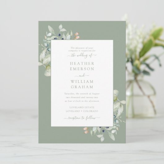 Waterverf Elegante Salie Groene Botanische Bruilof Kaart (Staand voorkant)