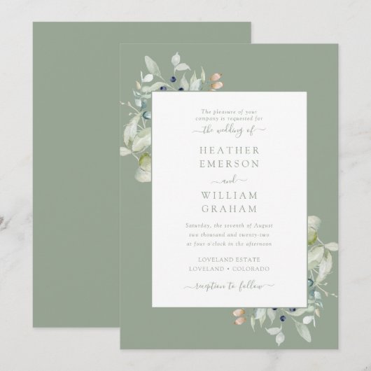 Waterverf Elegante Salie Groene Botanische Bruilof Kaart (Voorkant / Achterkant)