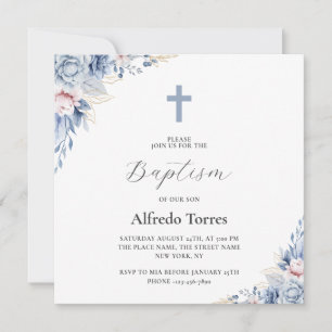 Waterverf Elegante Stofblauwe Bloemige Baby Doop Kaart