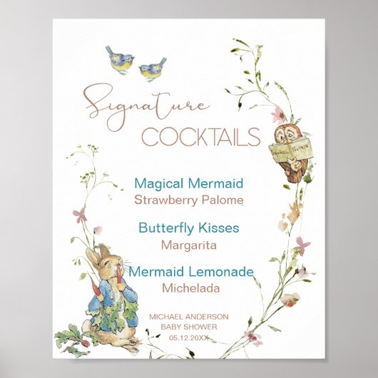 Waterverf Elegante Wildflower Peter Rabbit baby sh Poster (Voorkant)