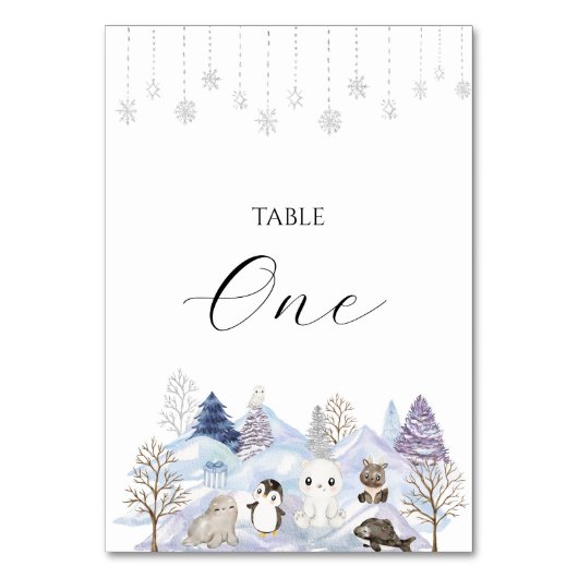 Waterverf Elegante Winter Arctic Animals Table Num Kaart (Voorkant)
