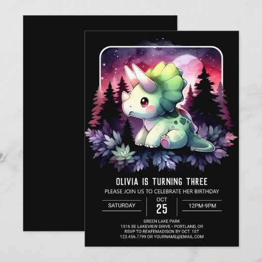 Waterverf Elegantie Triceratops Verjaardag Kaart (Voorkant / Achterkant)