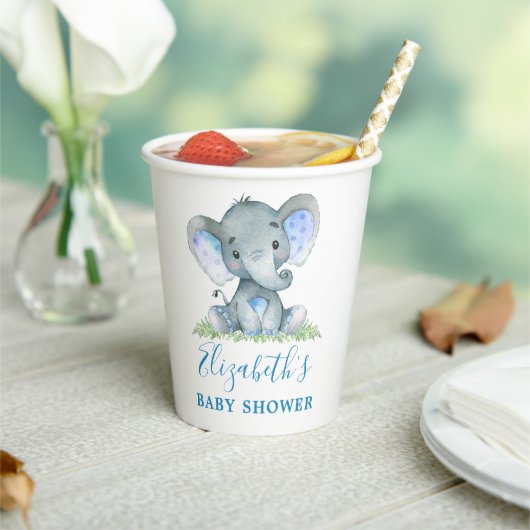 Waterverf Elephant Baby shower Blue Papieren Bekers (Insitu)