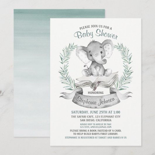 Waterverf Elephant Baby shower Book Kaart (Voorkant / Achterkant)