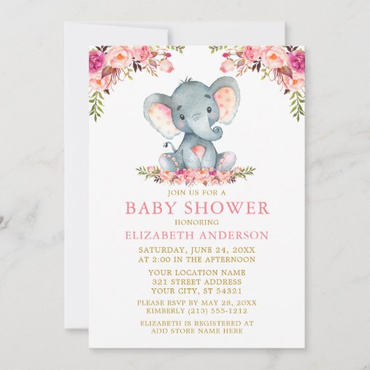 Waterverf Elephant Baby shower Pink Floral Gold Kaart (Voorkant)