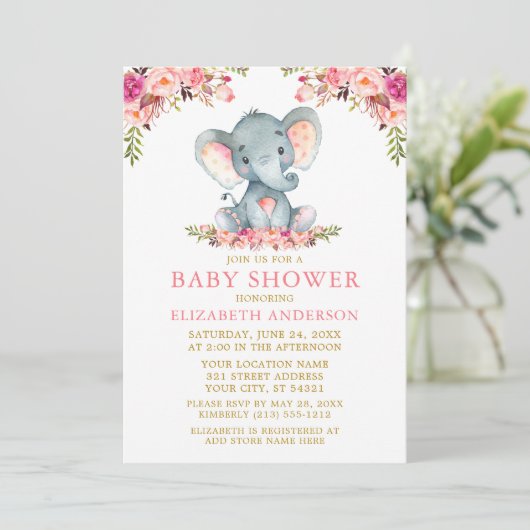 Waterverf Elephant Baby shower Pink Floral Gold Kaart (Staand voorkant)