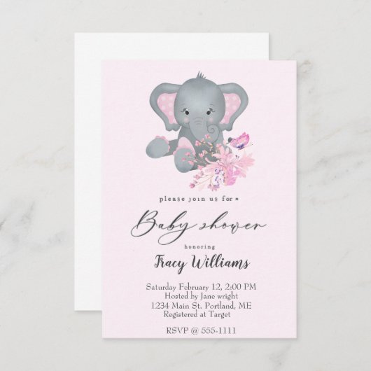 Waterverf Elephant baby shower-uitnodiging Kaart (Voorkant / Achterkant)