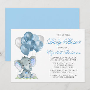 Waterverf Elephant-ballonnen Baby shower Blauw Kaart