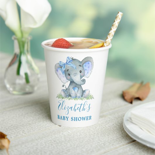Waterverf Elephant Blue Bow Baby shower Papieren Bekers (Insitu)