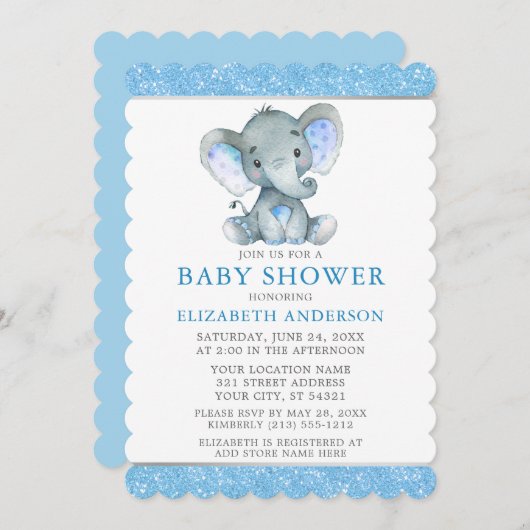 Waterverf Elephant Blue Glitter Baby shower Kaart (Voorkant / Achterkant)
