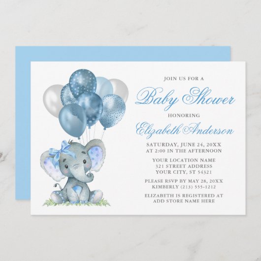 Waterverf Elephant Bow Baby shower Blauw Kaart (Voorkant / Achterkant)