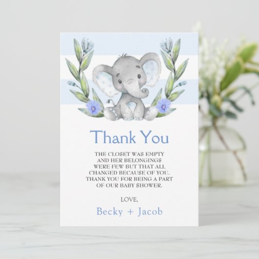 Waterverf Elephant Boy Baby shower Hartelijk dank Bedankkaart (Staand voorkant)