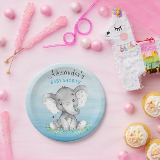Waterverf Elephant Boy Baby shower Papieren Bordje (Feest)