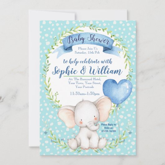 Waterverf Elephant boy Baby shower Uitnodiging (Voorkant)