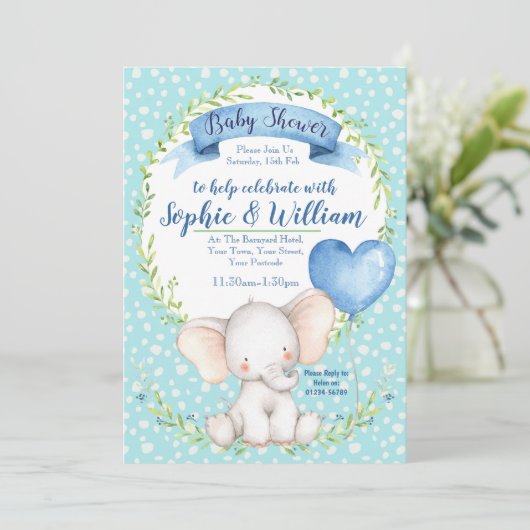 Waterverf Elephant boy Baby shower Uitnodiging (Staand voorkant)