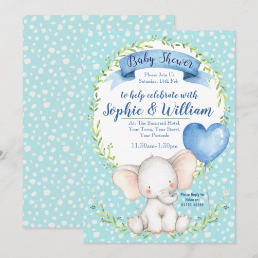 Waterverf Elephant boy Baby shower Uitnodiging (Voorkant / Achterkant)