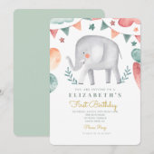 Waterverf Elephant Cute Baloons 1e verjaardag Kaart (Voorkant / Achterkant)