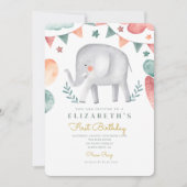 Waterverf Elephant Cute Baloons 1e verjaardag Kaart (Voorkant)