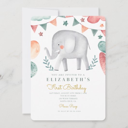 Waterverf Elephant Cute Baloons 1e verjaardag Kaart (Voorkant)