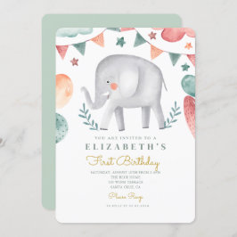 Waterverf Elephant Cute Baloons 1e verjaardag Kaart