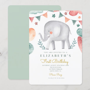 Waterverf Elephant Cute Baloons 1e verjaardag Kaart