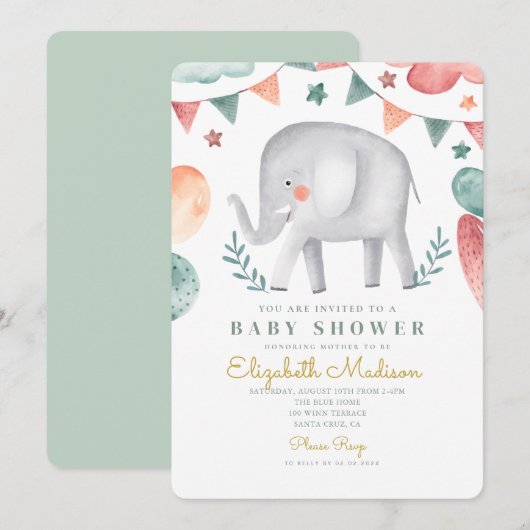 Waterverf Elephant Cute Baloons Baby shower Kaart (Voorkant / Achterkant)