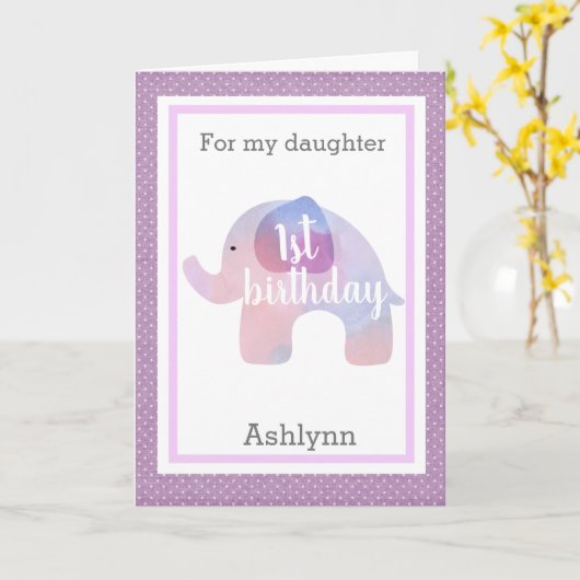 Waterverf Elephant First Birthday Daughter Kaart (Gele Bloem)