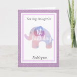 Waterverf Elephant First Birthday Daughter Kaart<br><div class="desc">Een paarse olifant van de eerste verjaardag. Het is voorzien van een paarse olifant met een zachte waterverf, die zegt "1 verjaardag". U kunt de voorkant van de kaart personaliseren met de naam van uw dochter. Het binnenkaartbericht kan ook gemakkelijk worden gepersonaliseerd. Op de achterkant van deze olifant van 1...</div>