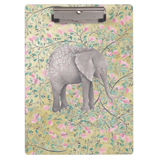 Waterverf Elephant Flowers Gold Glitter Klembord (Voorkant)