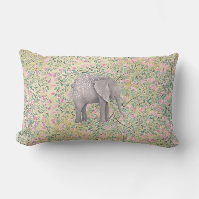Waterverf Elephant Flowers Gold Glitter Kussen (Voorkant)