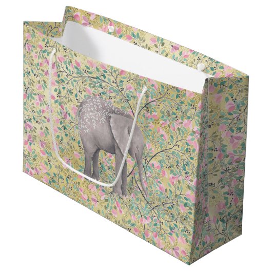Waterverf Elephant Flowers Gold Glitter Large Cadeautasje (Voorkant Gekanteld)