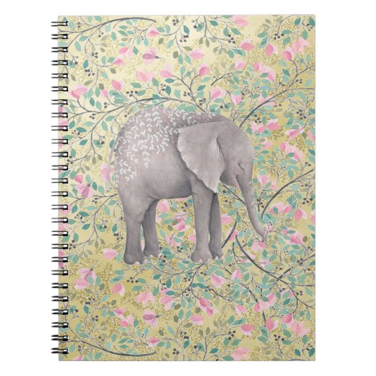 Waterverf Elephant Flowers Gold Glitter Notitieboek (Voorkant)