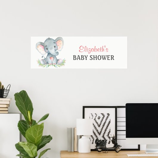 Waterverf Elephant Girl Baby shower Banner Poster (Thuiskantoor)