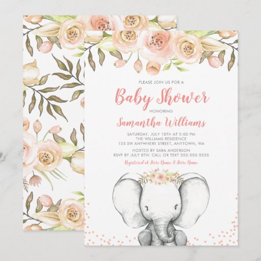Waterverf Elephant Girl Baby Shower Uitnodigingen (Voorkant / Achterkant)