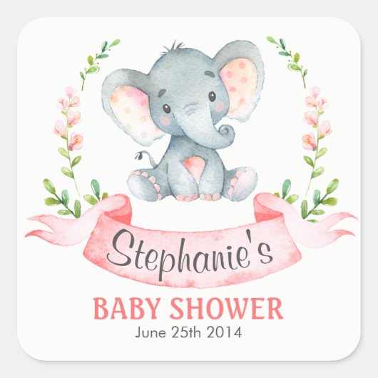 Waterverf Elephant Girl Baby shower Vierkante Sticker (Voorkant)