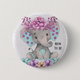 Waterverf Elephant met Paarse Blauwgroen flora Ronde Button 5,7 Cm