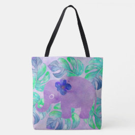 Waterverf Elephant Oerwoud Monstera Leaf Monogram Tote Bag