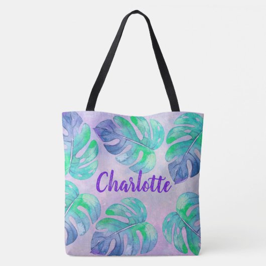 Waterverf Elephant Oerwoud Monstera Leaf Monogram Tote Bag (Achterkant)