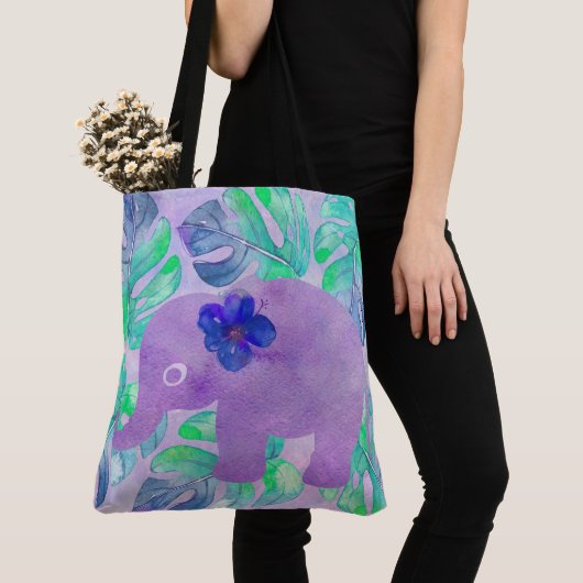Waterverf Elephant Oerwoud Monstera Leaf Monogram Tote Bag (Dichtbij)