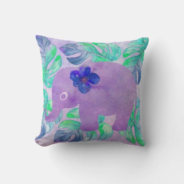 Waterverf Elephant Oerwoud Monstera Leaf Primitive Kussen (Voorkant)