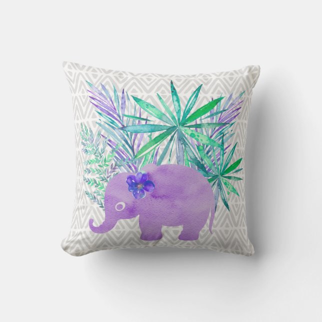 Waterverf Elephant Oerwoud Shibori Primitief Kussen (Voorkant)