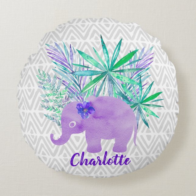 Waterverf Elephant Oerwoud Shibori Primitief Rond Kussen (Voorkant)