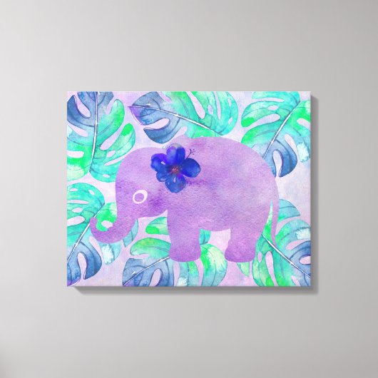 Waterverf Elephant Oerwoud Tropisch Monstera Leaf Canvas Afdruk (Voorkant)