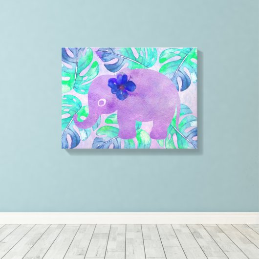 Waterverf Elephant Oerwoud Tropisch Monstera Leaf Canvas Afdruk (Insitu (Houten vloer))