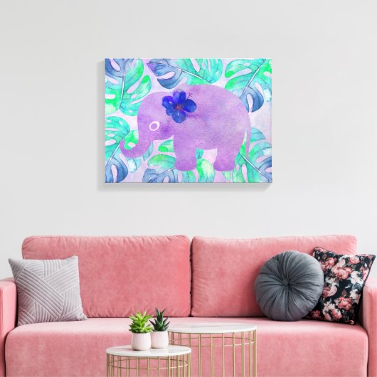 Waterverf Elephant Oerwoud Tropisch Monstera Leaf Canvas Afdruk (Insitu (Woonkamer))