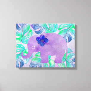 Waterverf Elephant Oerwoud Tropisch Monstera Leaf Canvas Afdruk