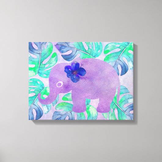 Waterverf Elephant Oerwoud Tropisch Monstera Leaf Canvas Afdruk (Voorkant)