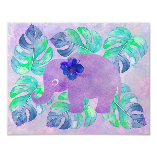 Waterverf Elephant Oerwoud Tropisch Monstera Leaf Foto Afdruk (Voorkant)