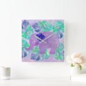 Waterverf Elephant Oerwoud Tropisch Monstera Leaf Vierkante Klok (Huis)